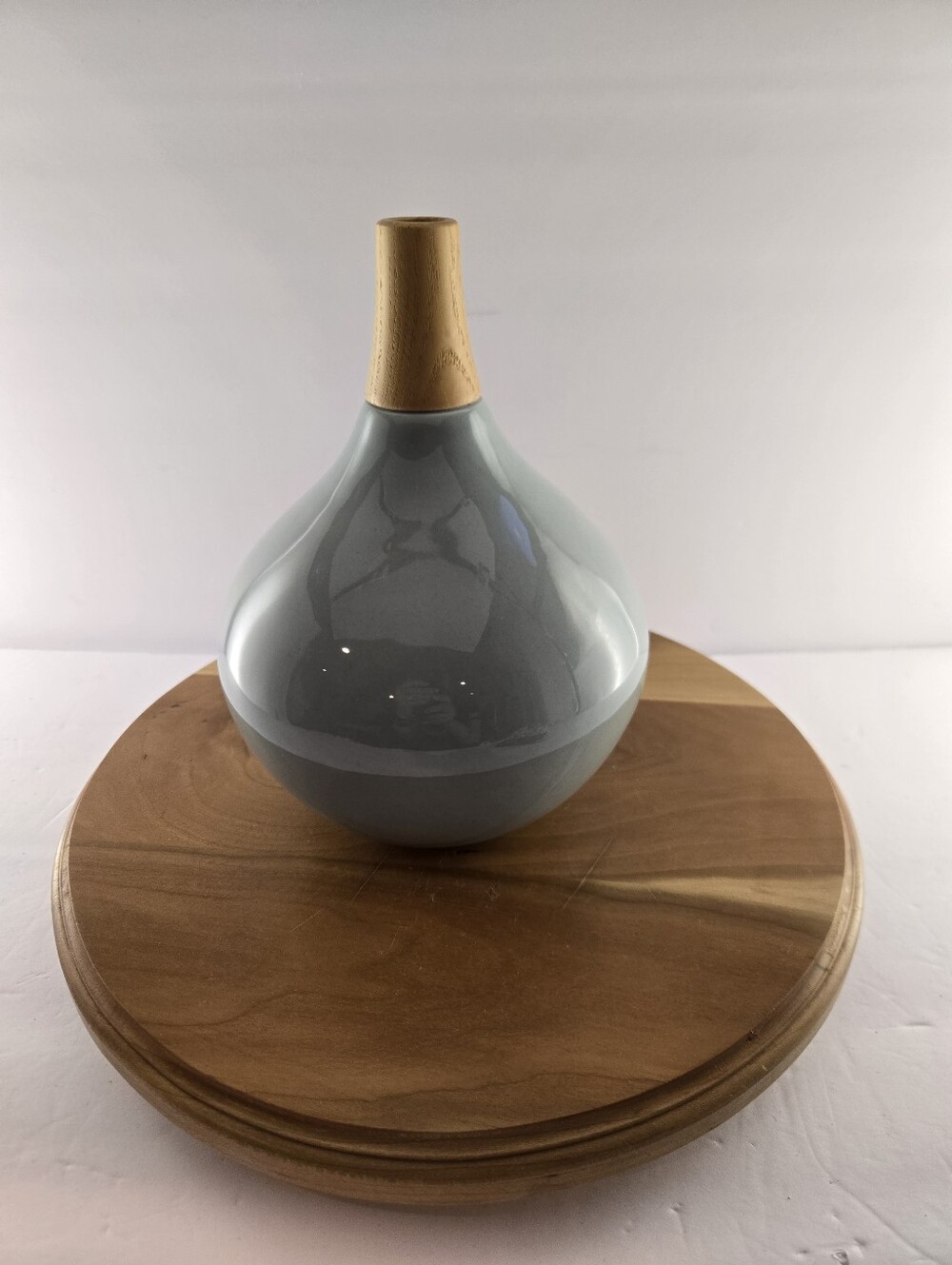 Crate & Barrel Lina Green Ceramic Vase Wood Neck